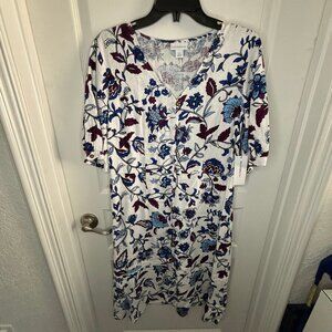 Liz Claiborne Women's Dress, White Floral A-Line Dress Elbow Sleeve Size 6 NEW